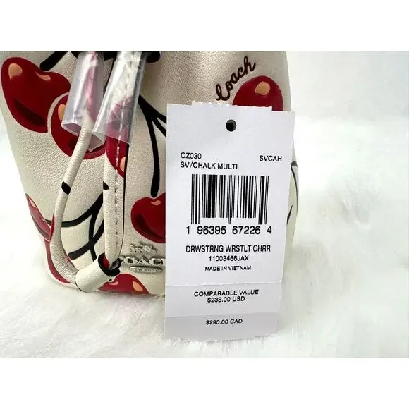 Coach Drawstring Wristlet Chain Strap Cherry Print Silver Chalk Multi CZ030 NWT - Picture 5 of 7